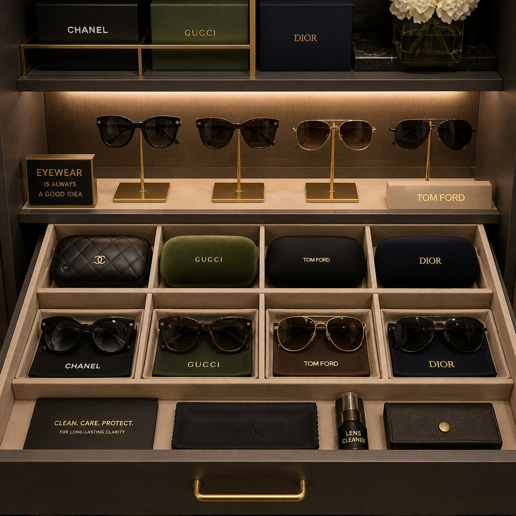 Designer sunglasses stored in protective cases and stands