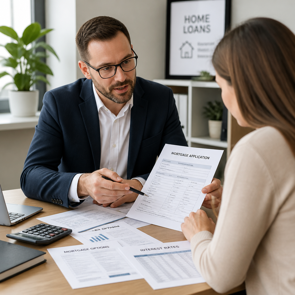 Mortgage advisor reviewing mortgage documents and application forms with a client during a consultation