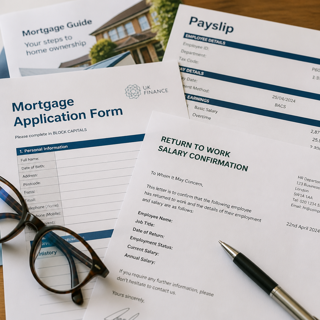 Maternity leave mortgage application documents including payslips and return-to-work salary letters required for lender approval