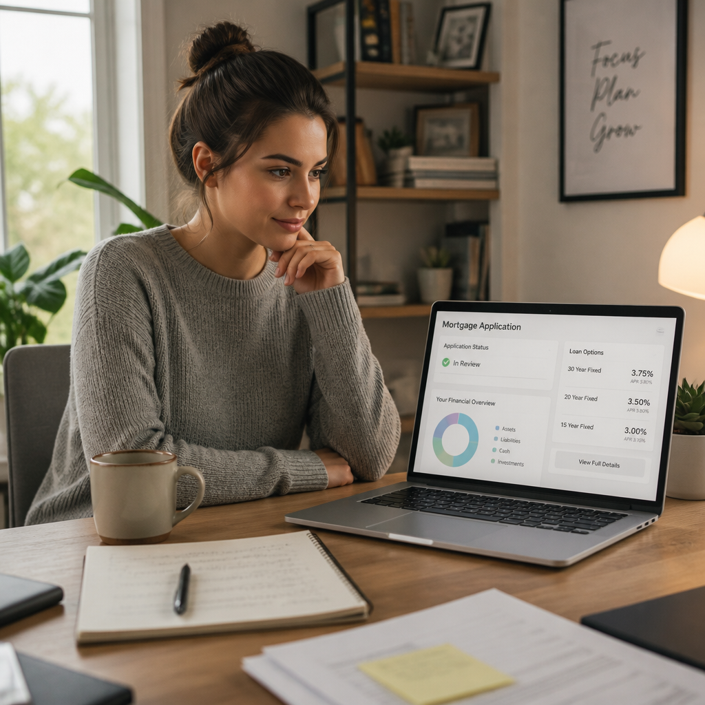 Person reviewing mortgage application and financial documents on a laptop while planning a property purchase
