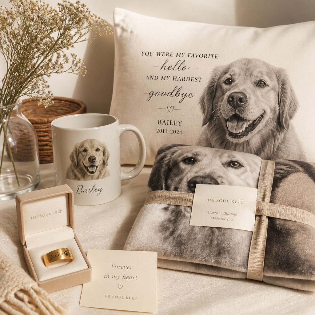 Pet memorial products from The Soul Keep arranged in a flat-lay composition, including engraved ring, ceramic mug, blanket, and pillow with pet tributes.