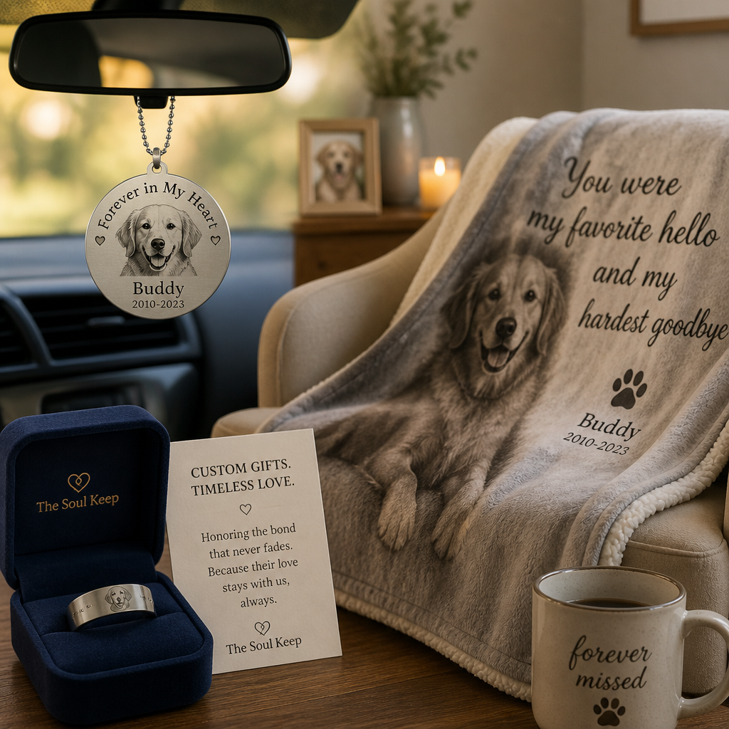 The Soul Keep memorial products displayed in a home setting, showcasing car ornament, engraved ring, and custom blanket as lasting tributes to beloved pets.