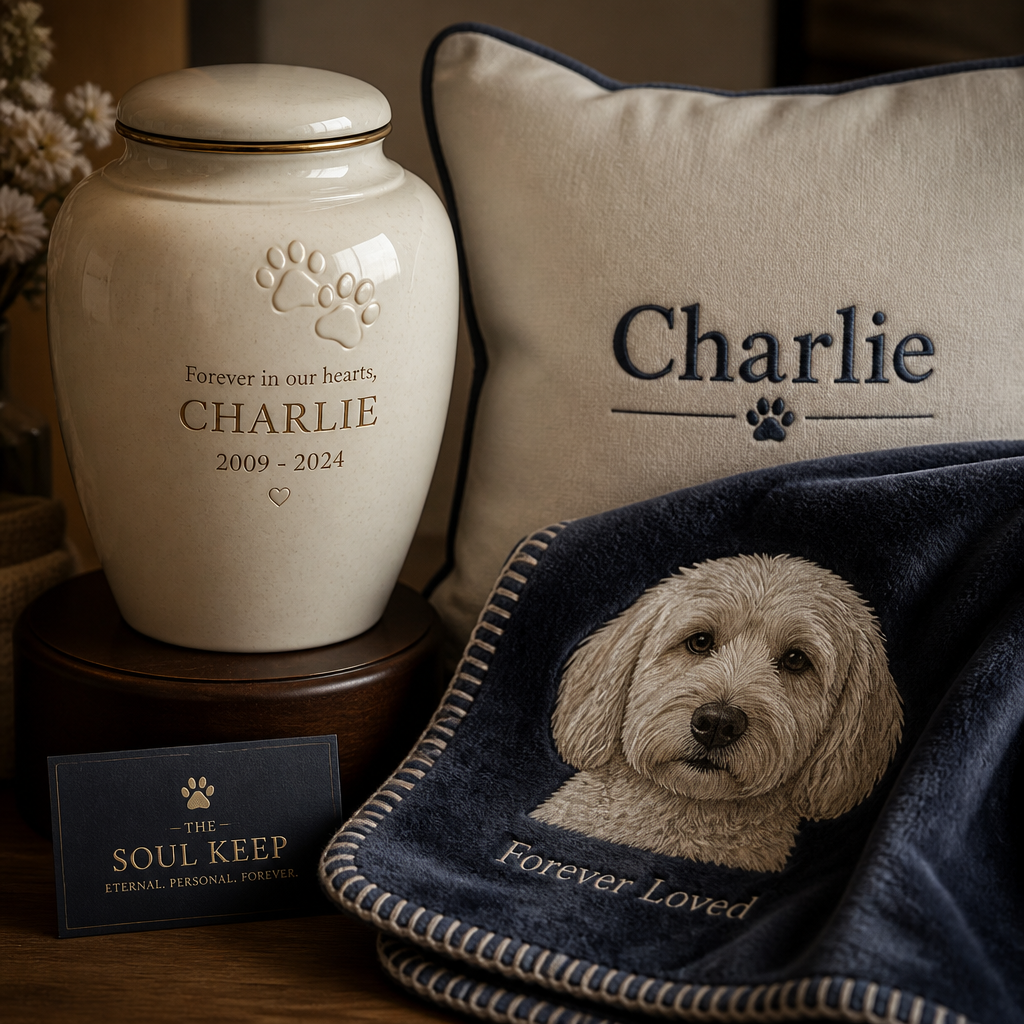 Close-up detail of The Soul Keep memorial products showing engraved ceramic urn, embroidered pillow, and custom blanket with fine craftsmanship and pet imagery.