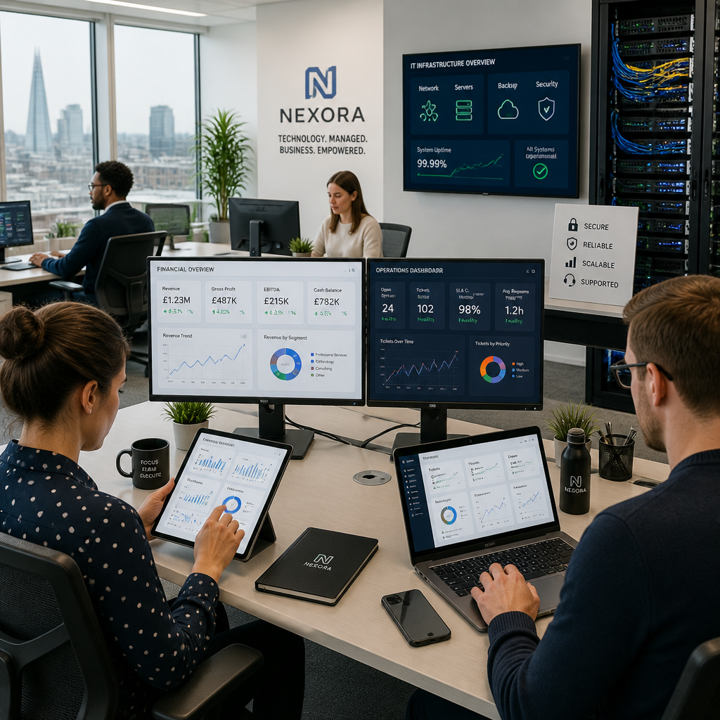 London SME team working productively in a modern office with multiple monitors and IT systems