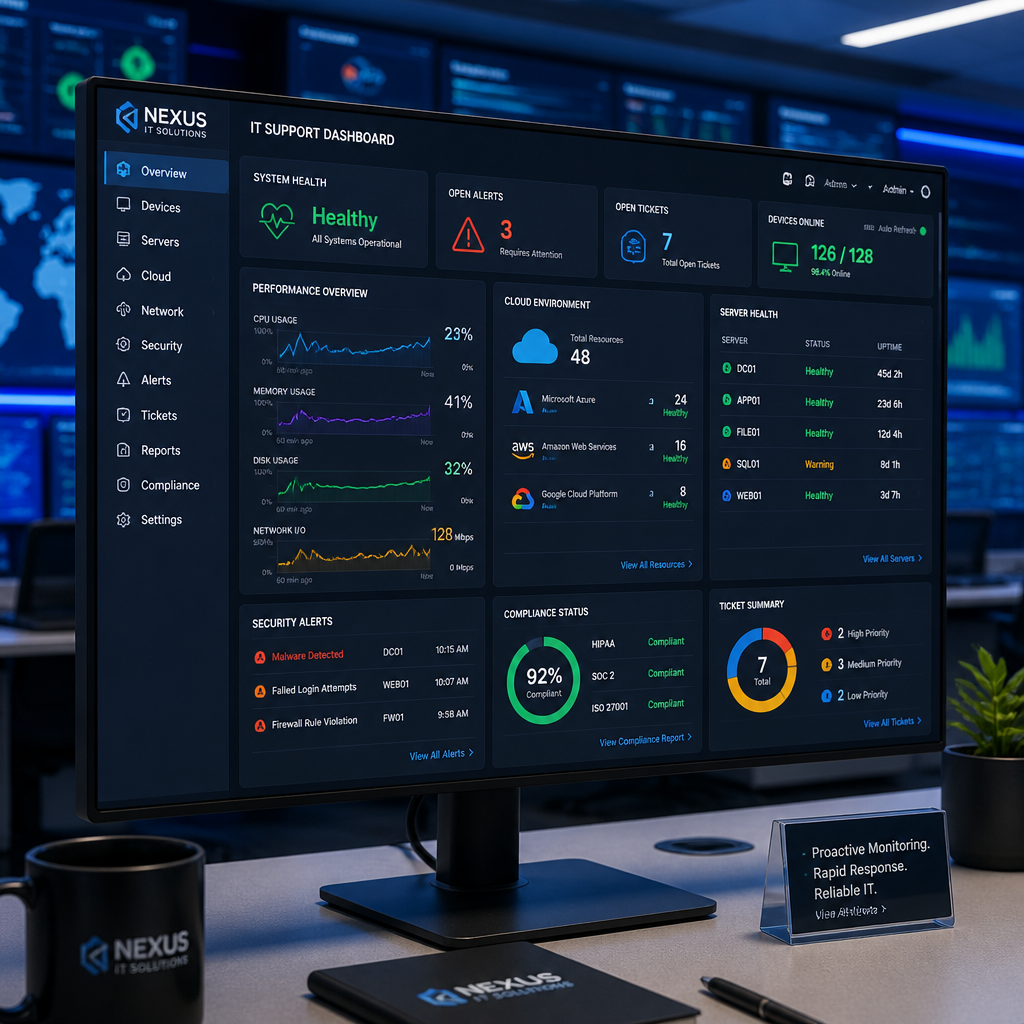 IT monitoring dashboard displaying real-time system performance and security metrics