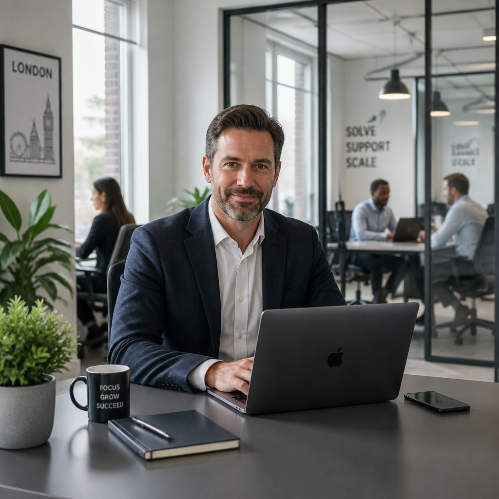 Confident SME business owner working efficiently in a stress-free, modern London office
