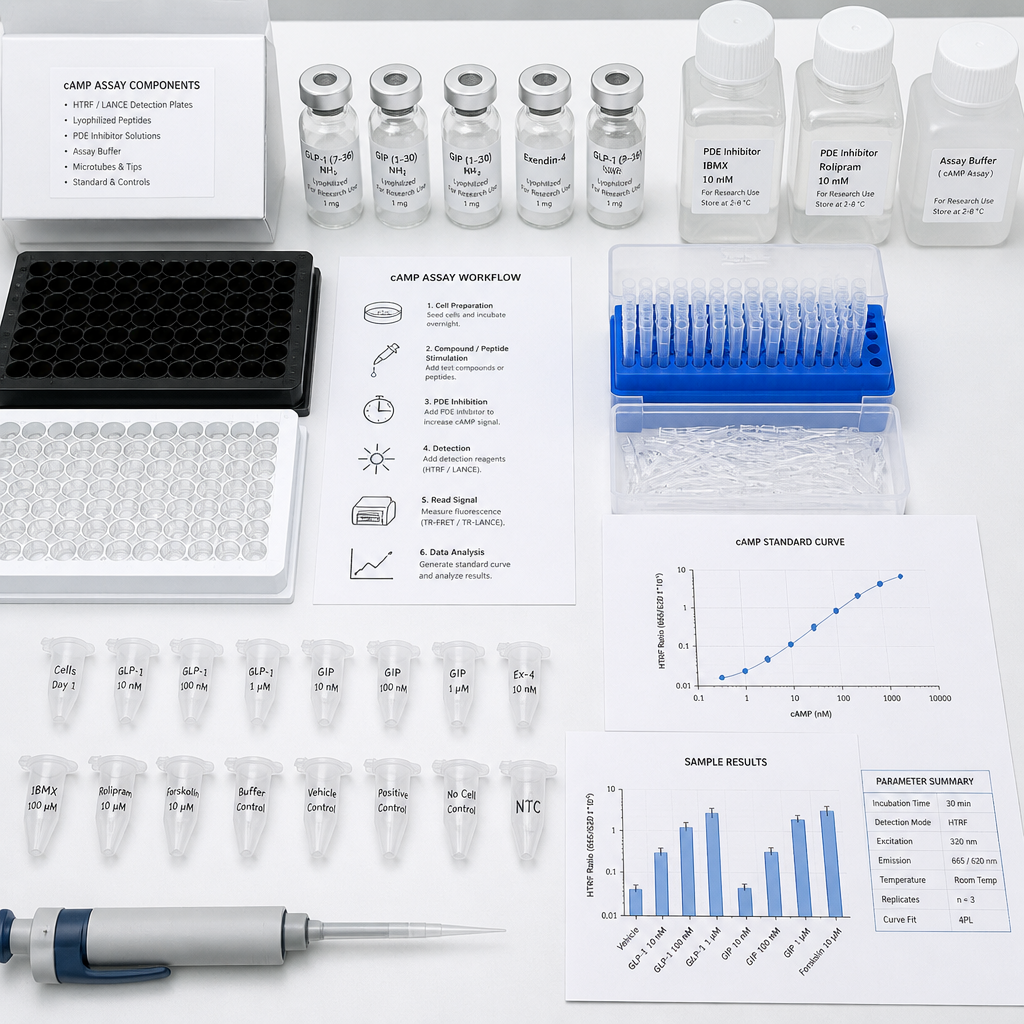 Laboratory components and materials arranged for GLP-1 and GIP receptor cAMP assay design and execution