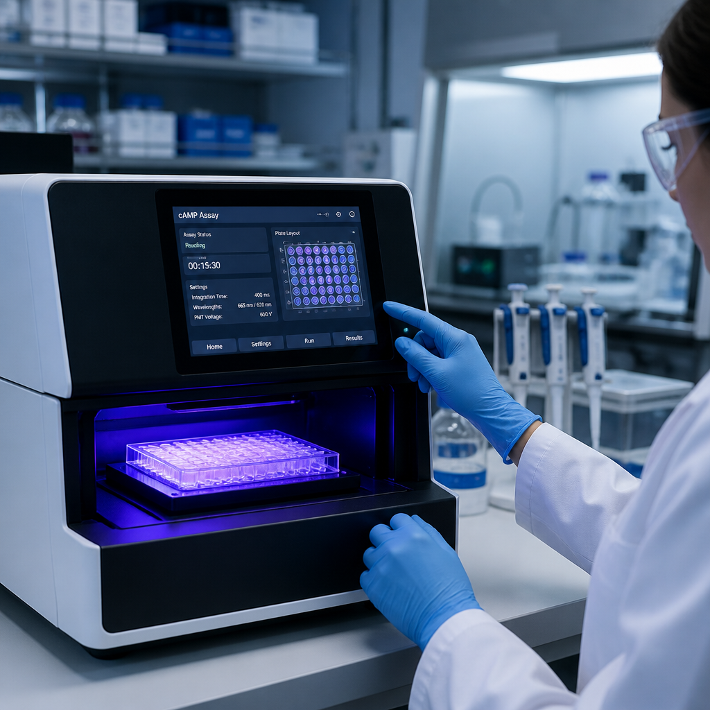 Research laboratory plate reader instrument performing cAMP assay detection for Retatrutide receptor agonist studies