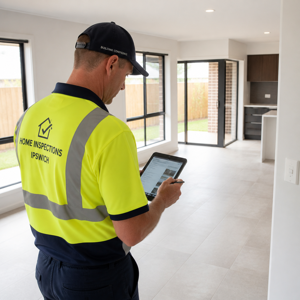 Home inspector documenting defects during a new home inspection in Ipswich