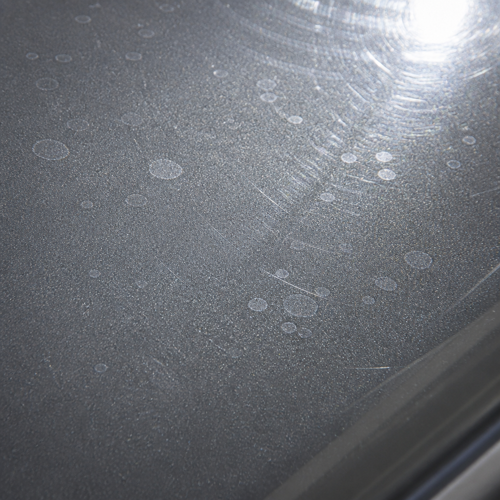 Close-up of silver car paint showing contamination and micro-damage under magnified lighting