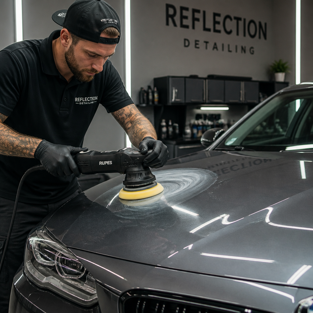 Automotive detailing technician using machine polisher on gray car paint correction