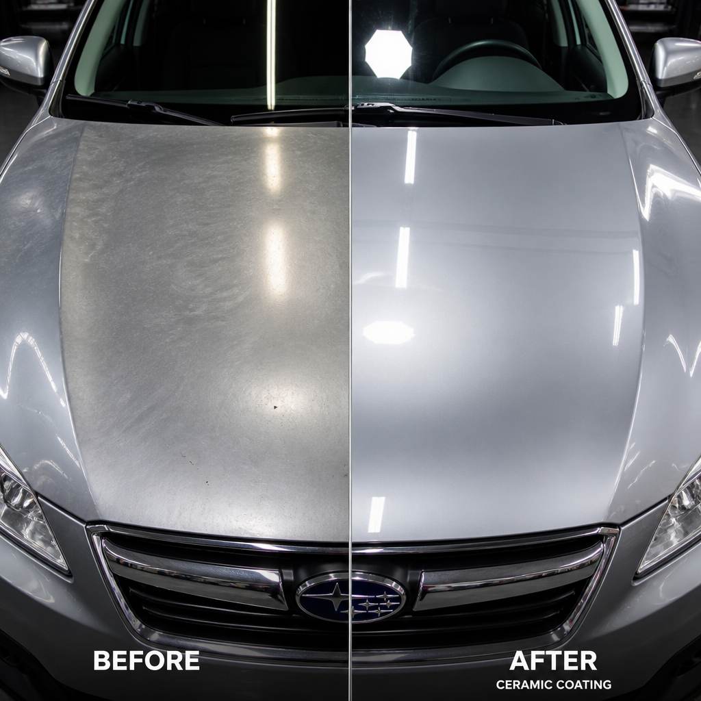 Before-and-after comparison of silver car paint correction and ceramic coating results