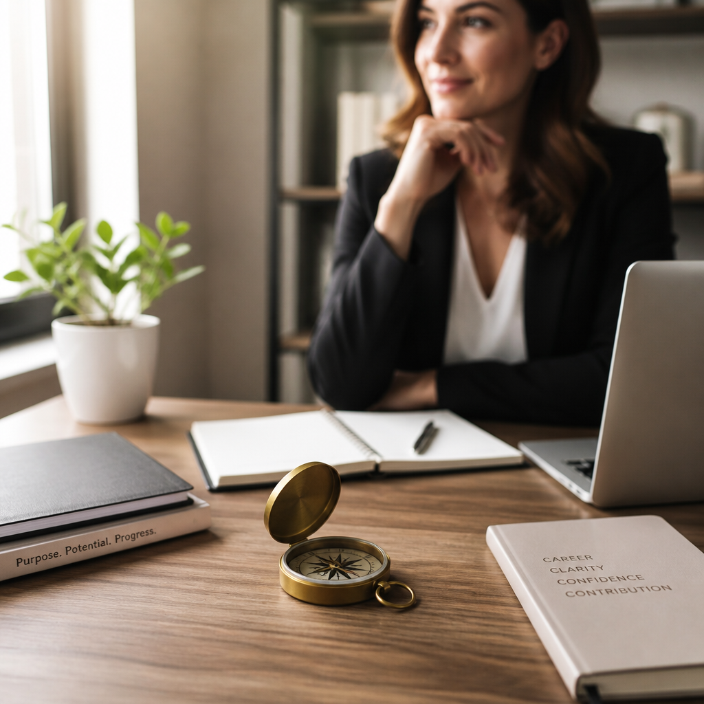 Career counselor's desk with compass symbolizing self-discovery and professional guidance tools