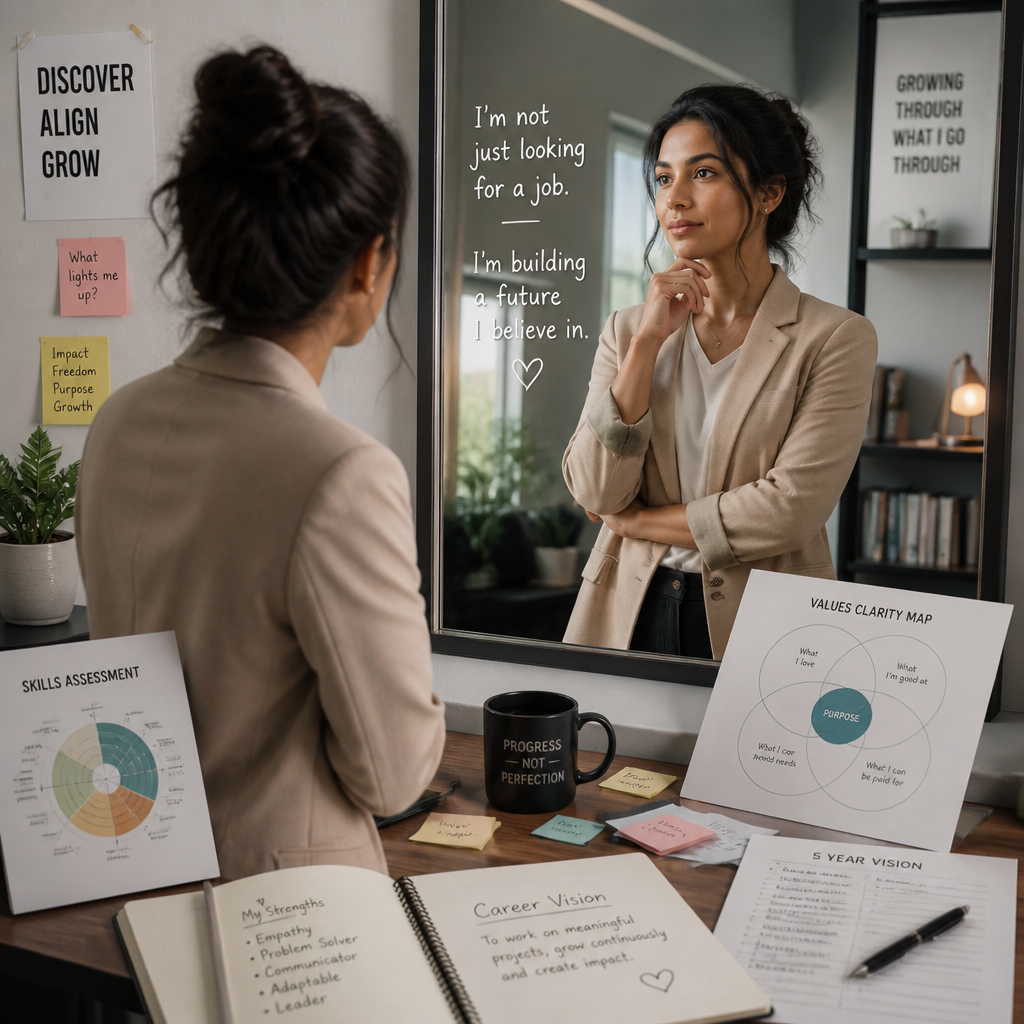 Job seeker reflecting on career path through self-awareness and personal values assessment