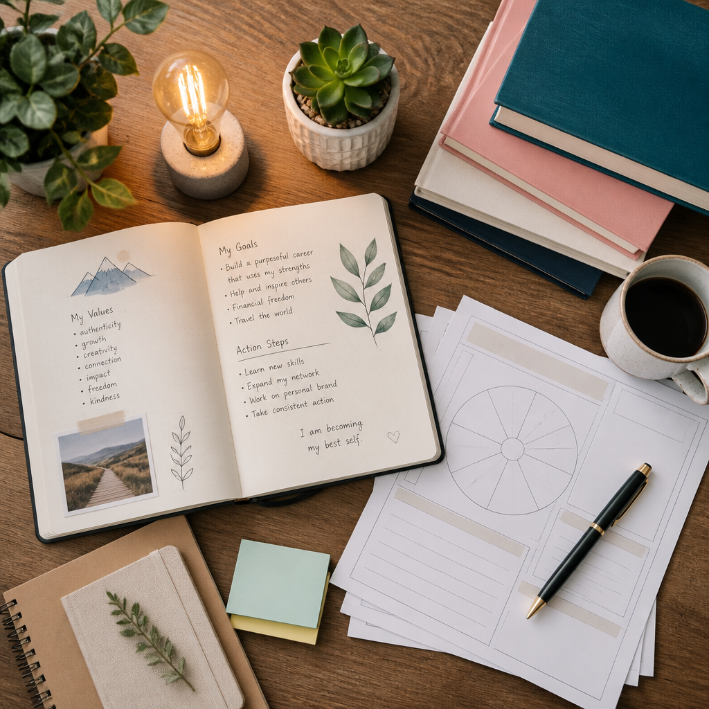 Career empowerment tools and self-discovery resources displayed in modern flat-lay composition