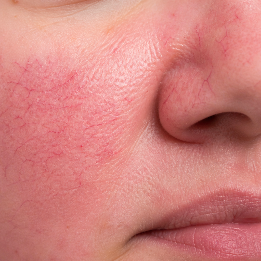 Close-up of facial skin showing rosacea redness and broken capillaries
