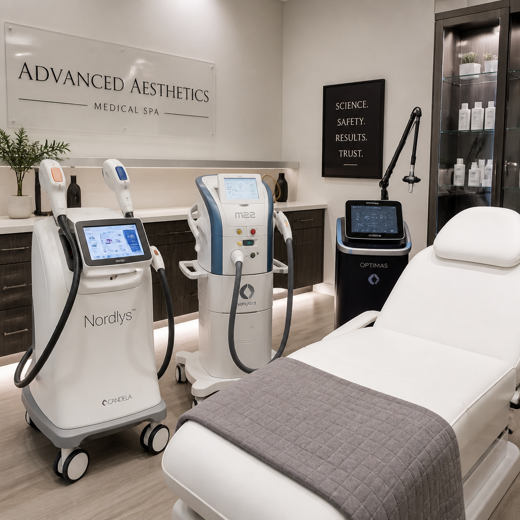 Modern medical aesthetic clinic room with professional laser and IPL treatment equipment