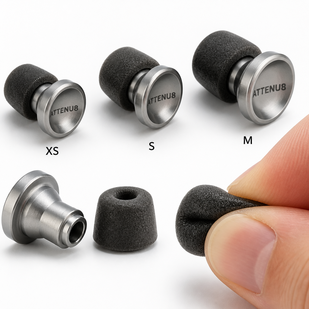 ATTENU8 metal earplugs with memory foam tips in three sizes displayed in macro detail