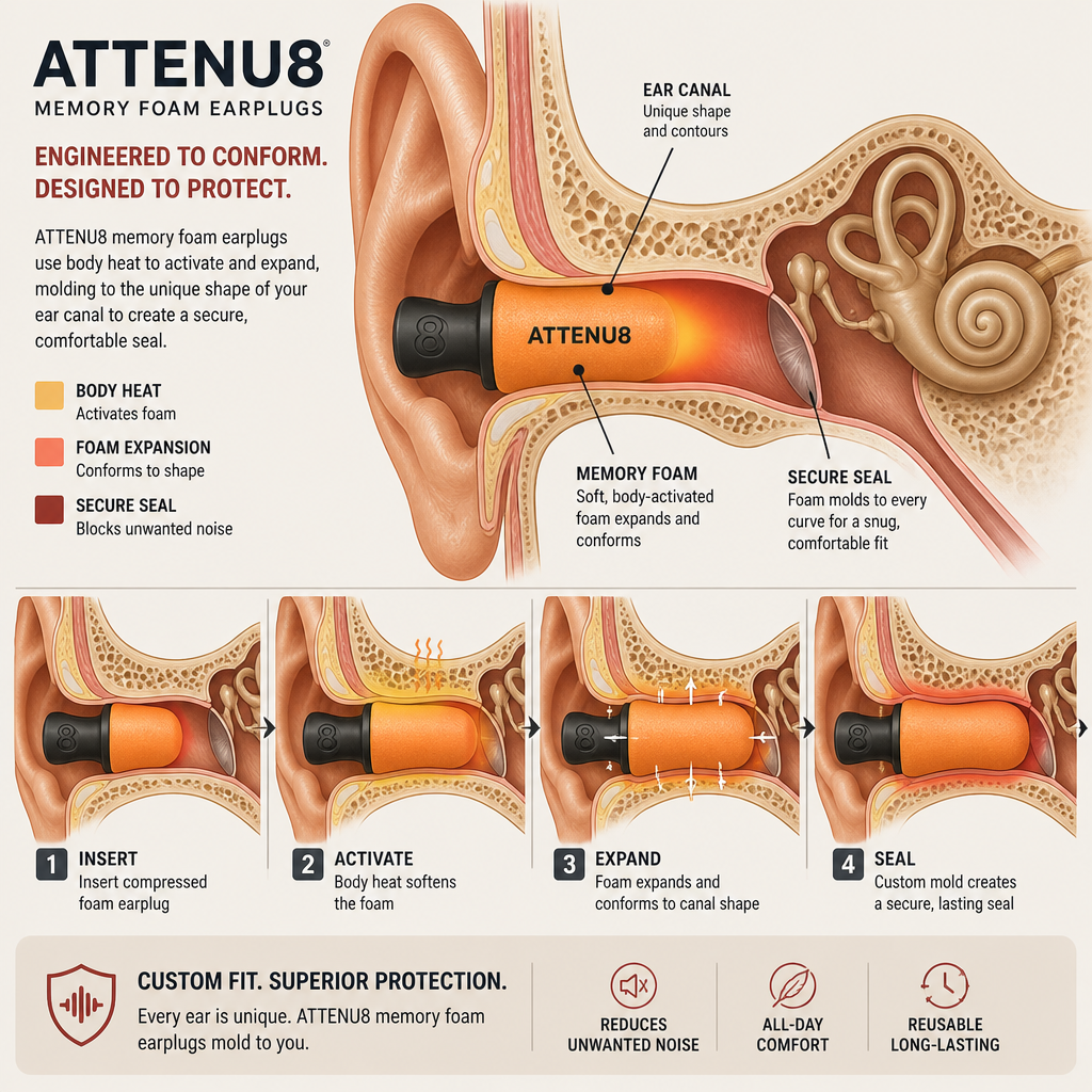 Anatomical illustration of memory foam earplug conforming and sealing inside ear canal