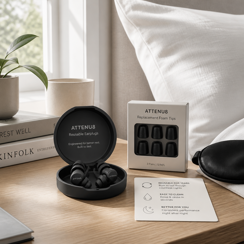 ATTENU8 earplugs and replacement foam tips on a bedroom nightstand in soft morning light