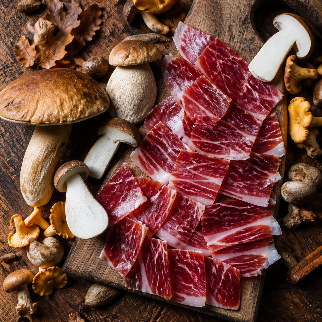 Jamón ibérico en lonchas junto a setas de otoño en tabla rústica