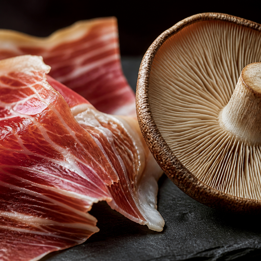 Detalle de jamón ibérico y hongo silvestre mostrando texturas y marmoleado