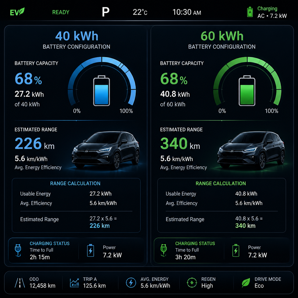 Pantalla digital de EV mostrando autonomía real y capacidad de batería en tiempo real
