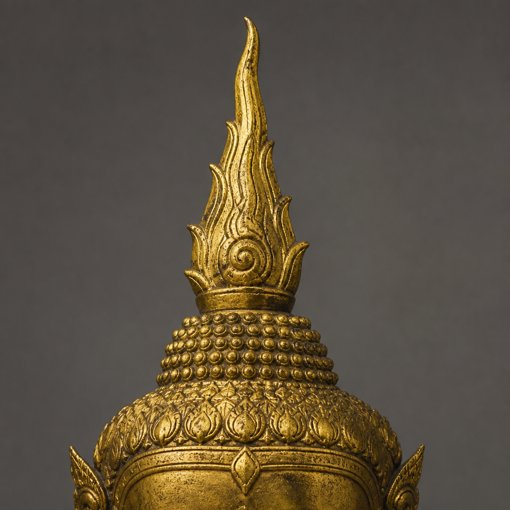 Close-up detail of a Laotian Buddha statue showing its distinctive architectural flame finial crown