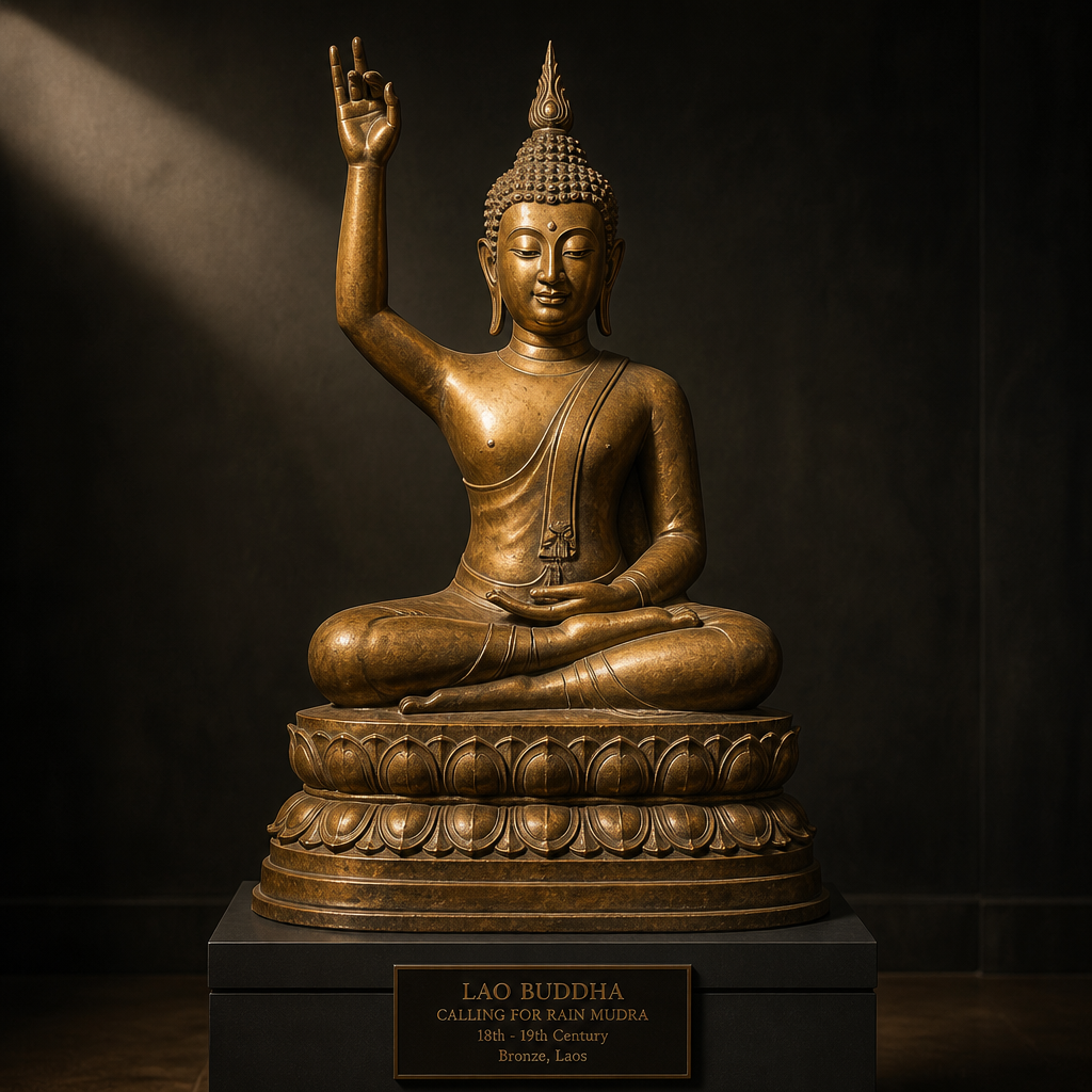 Bronze Laotian Buddha statue in the distinctive 'Calling for Rain' mudra pose unique to Lao art