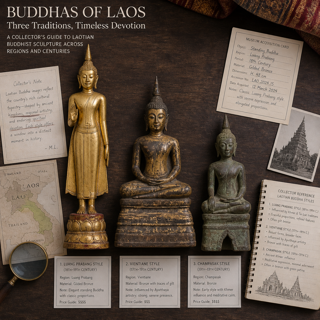 Collector's arrangement of three Laotian Buddha statues showing regional style variations within Laotian Buddhist sculpture tradition