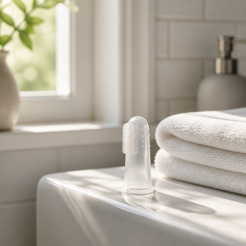 Silicone fingertip toothbrush in a bright bathroom setting for daily oral care routine