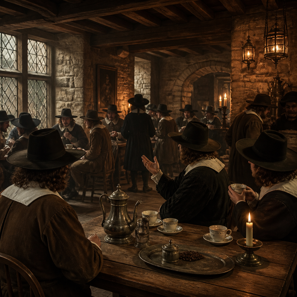 17th-century Oxford coffeehouse with scholars discussing over coffee, candlelit interior