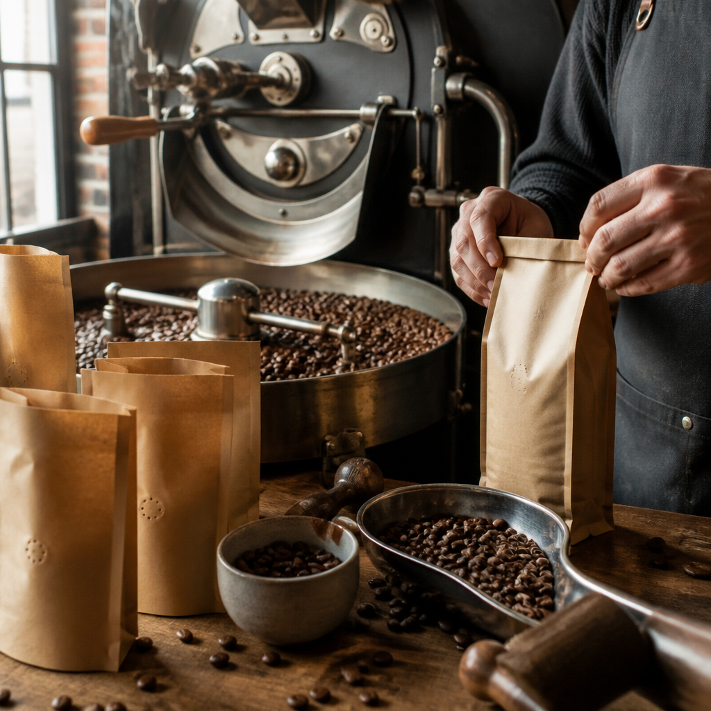 Freshly roasted coffee beans and hand-packed bags in a traditional British roastery