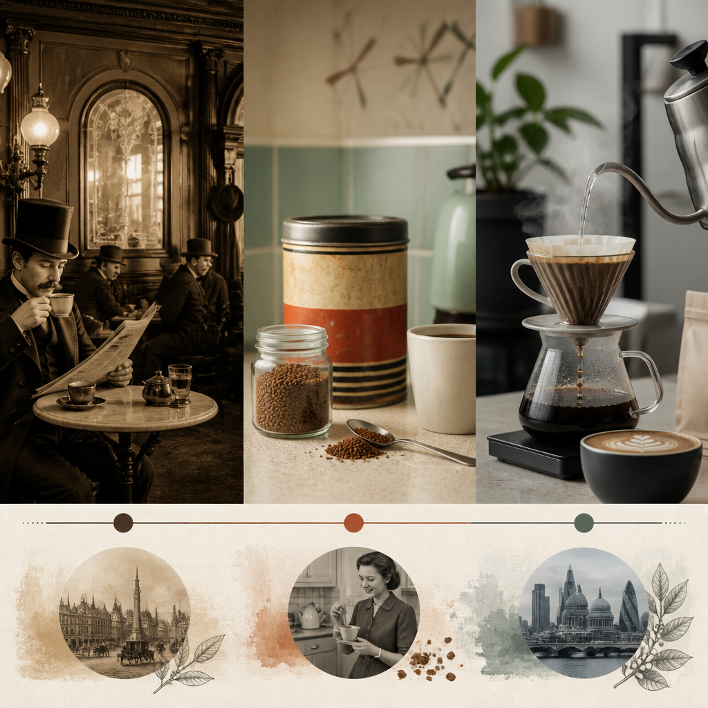 Visual evolution of British coffee culture from Victorian era to modern specialty roasting