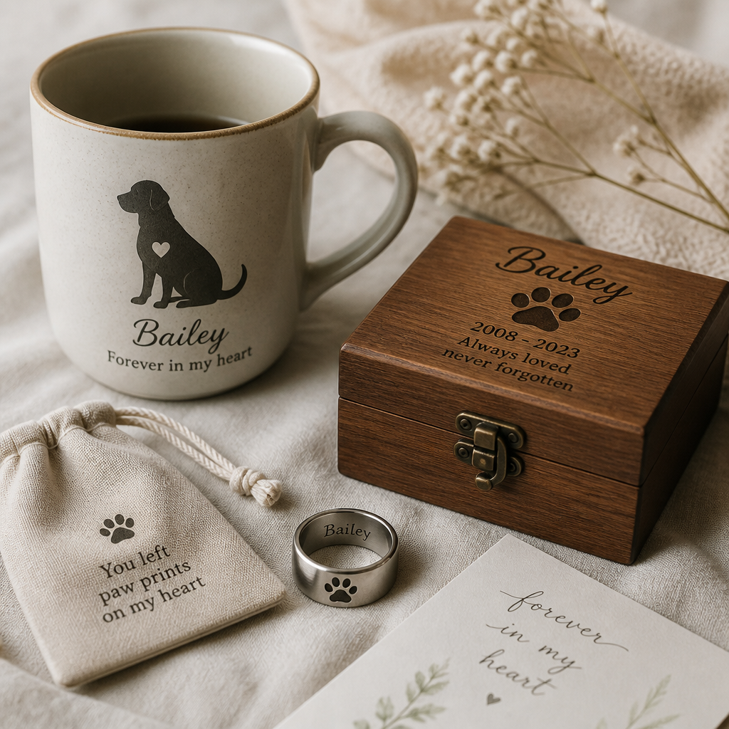 Personalized dog memorial products including engraved ring, ceramic mug, and wooden keepsake box arranged on linen