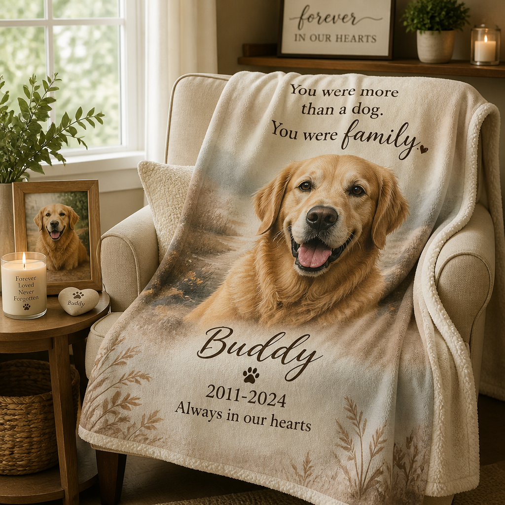 Custom dog memorial blanket draped over chair with framed portrait and candle creating peaceful tribute space