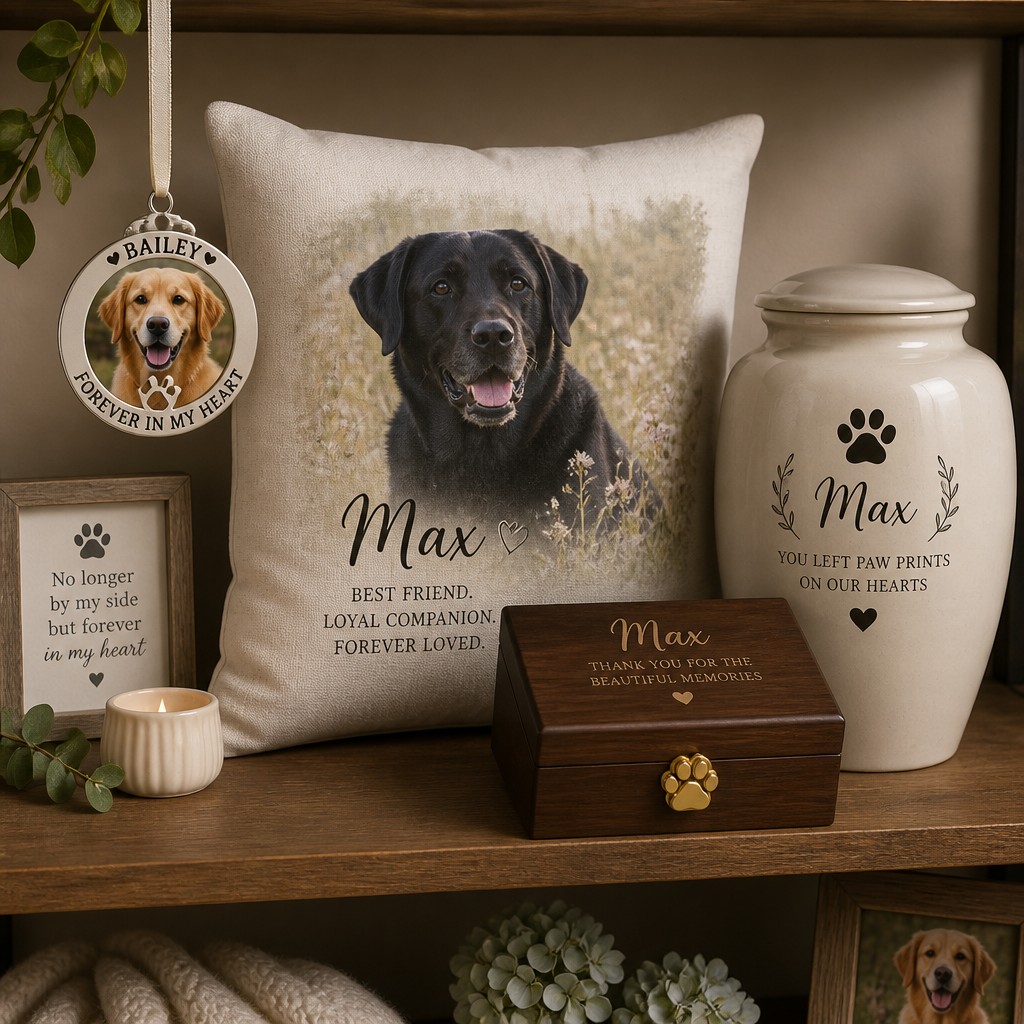 Curated display of dog memorial products including car ornament, photo pillow, ceramic urn, and jewelry box on shelf