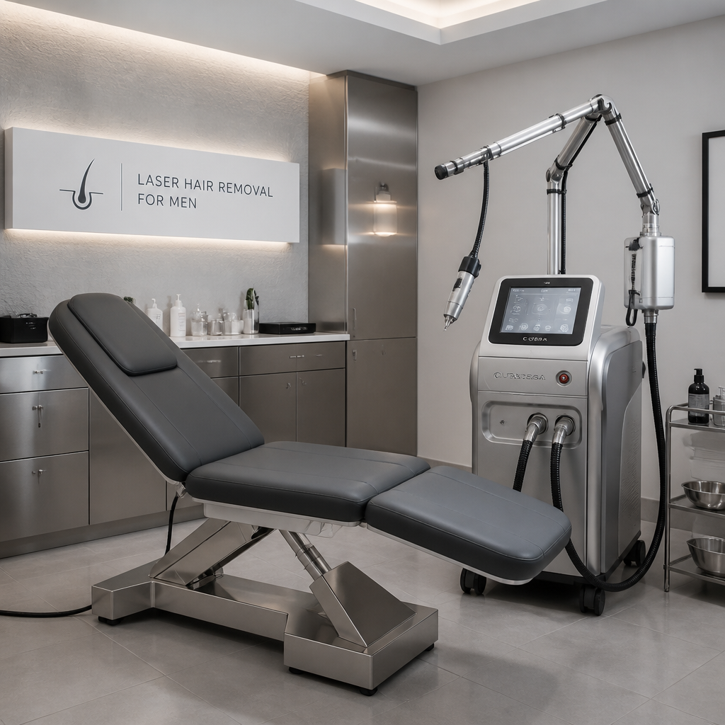 Professional laser hair removal treatment room with advanced medical laser equipment and clinical setup