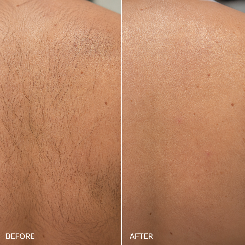 Before-and-after skin texture comparison showing laser hair removal results on male skin