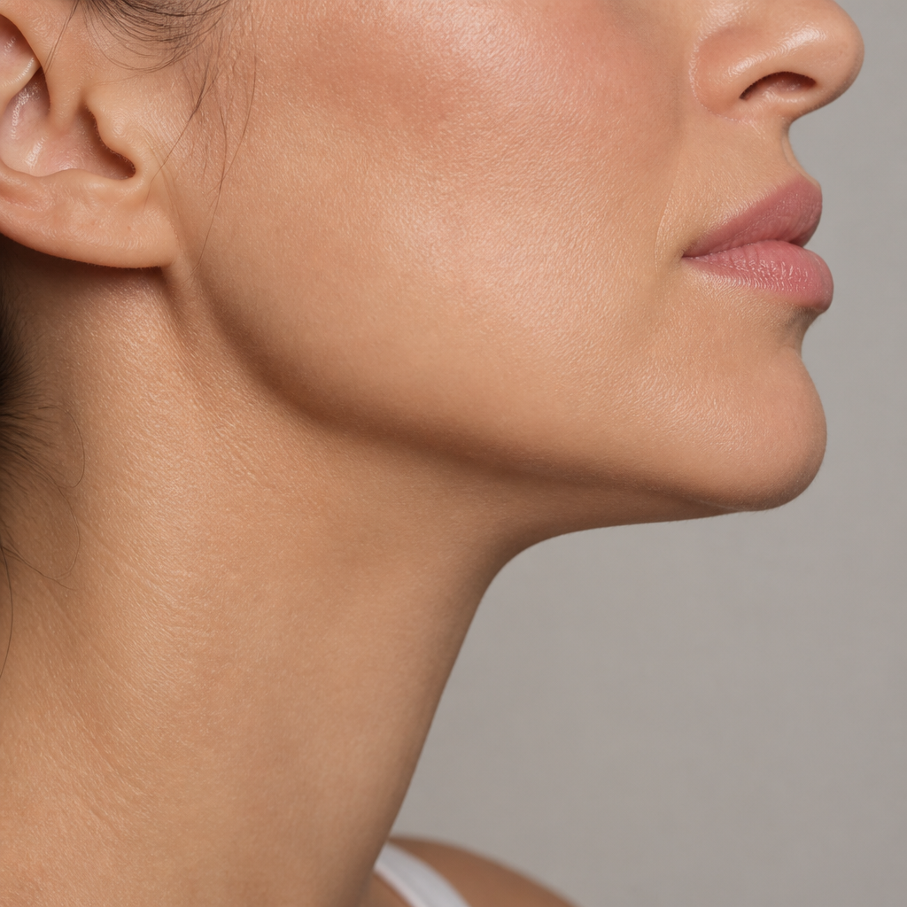 Sculpted jawline and neck profile showing defined submental contours after aesthetic treatment