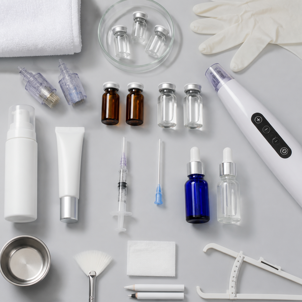Professional medical aesthetic treatment tools and injectables used in submental contouring procedures