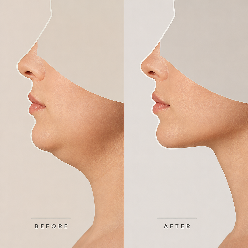 Profile comparison illustrating jawline definition improvement through submental contouring treatments