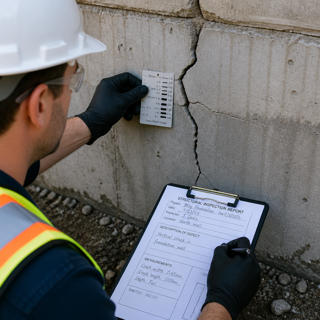Ingénieur en génie civil effectuant une évaluation détaillée des fissures sur une fondation en béton avec des outils de mesure spécialisés.