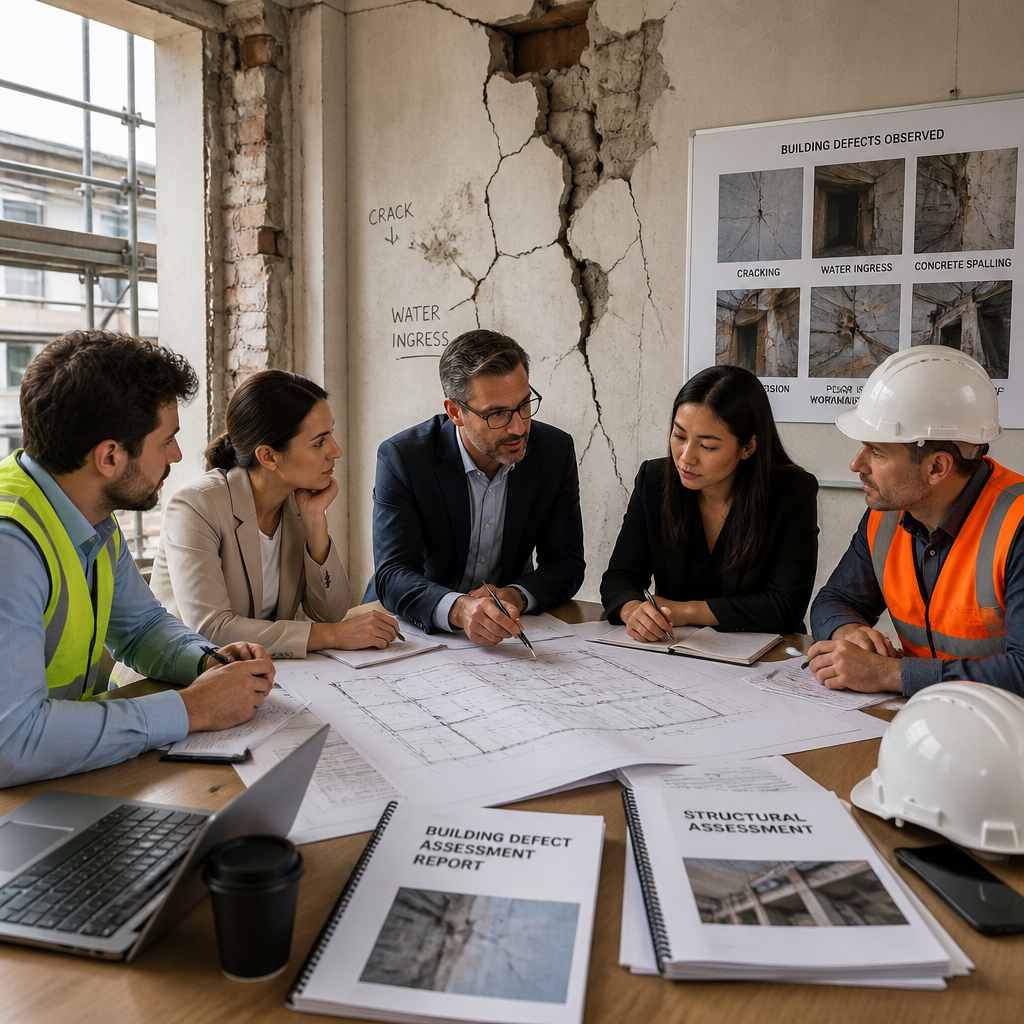 Réunion de concertation entre experts et professionnels du bâtiment pour discuter d'une expertise contradictoire sur un chantier.