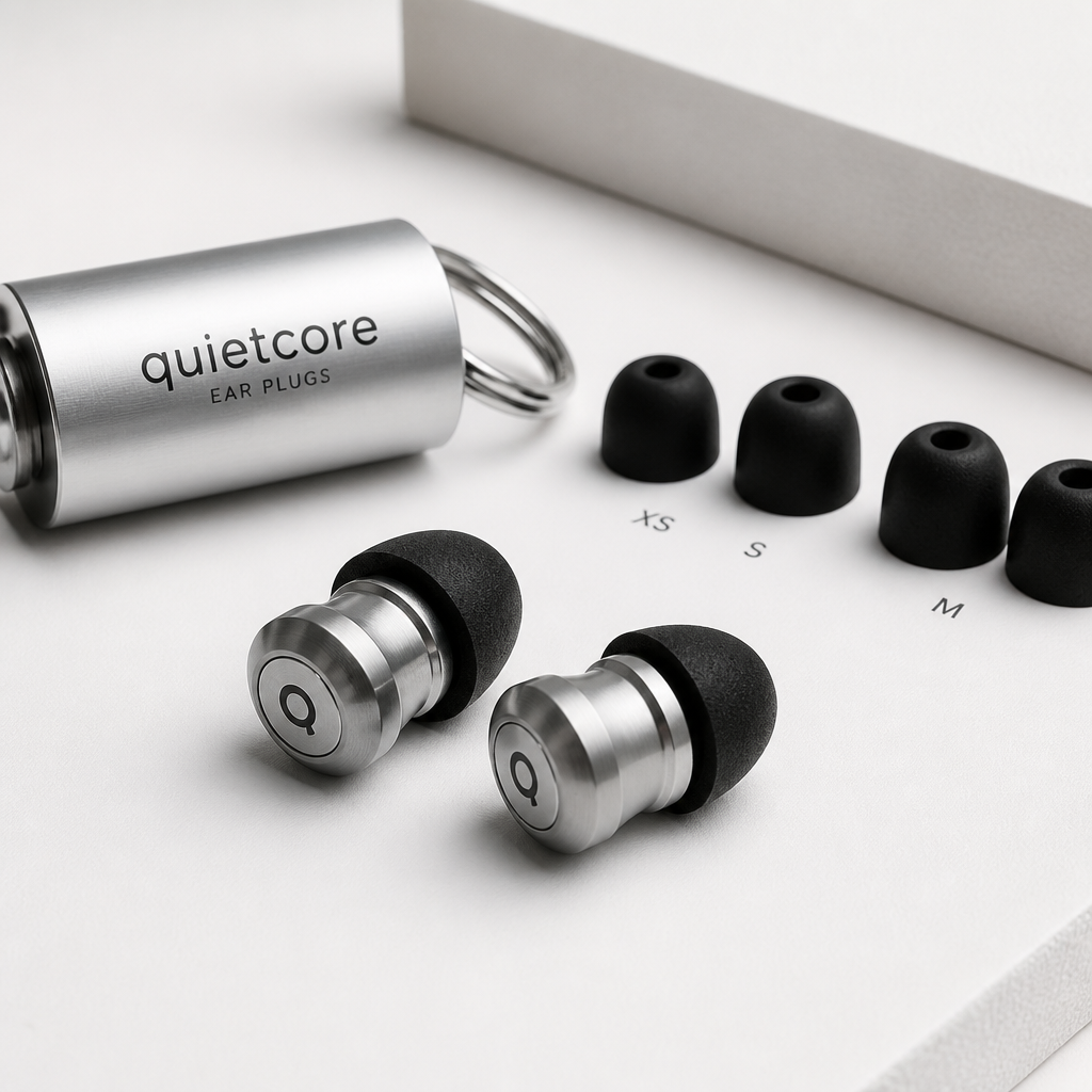Premium metal reusable ear plugs with three foam tip sizes displayed