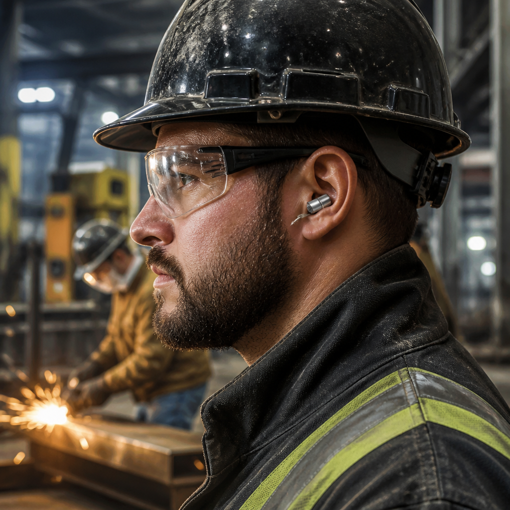 Construction worker wearing premium reusable ear plugs on a job site