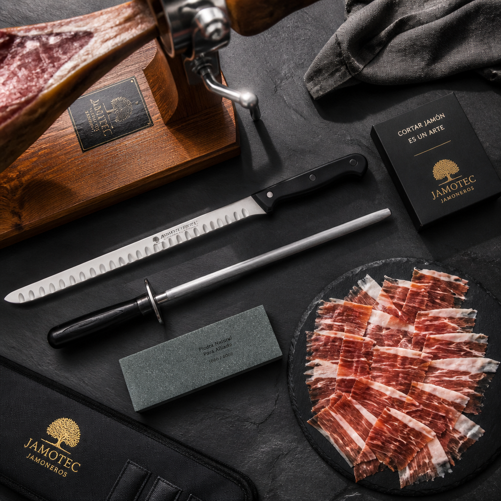 Composición plana de accesorios y herramientas esenciales para cortar jamón ibérico profesionalmente