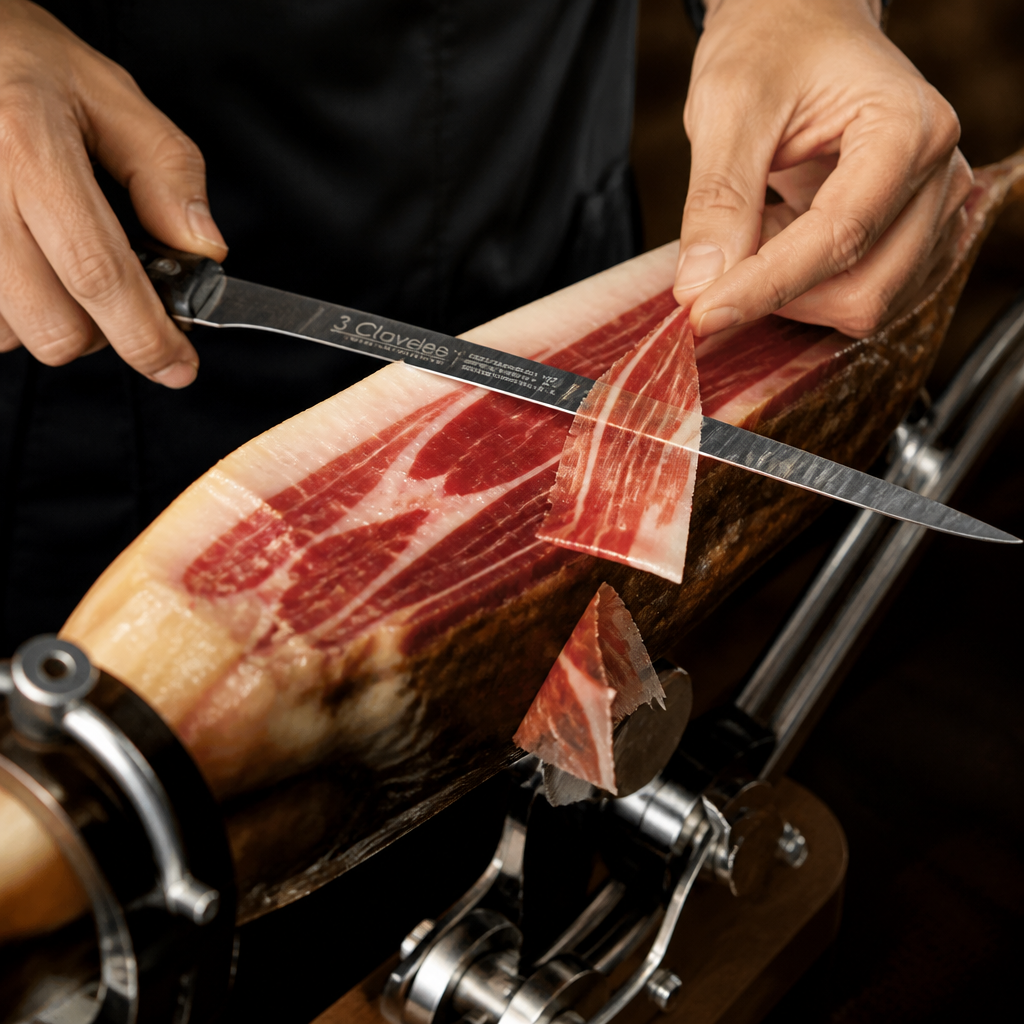 Técnica de corte con cuchillo jamonero profesional produciendo lonchas finas y transparentes de jamón ibérico
