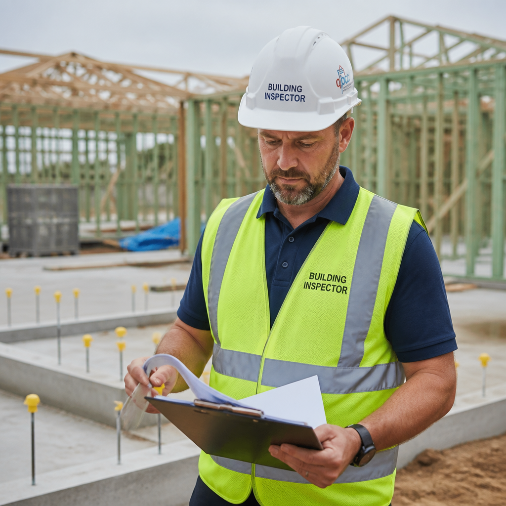 Building inspector documenting structural work at new home construction site with clipboard