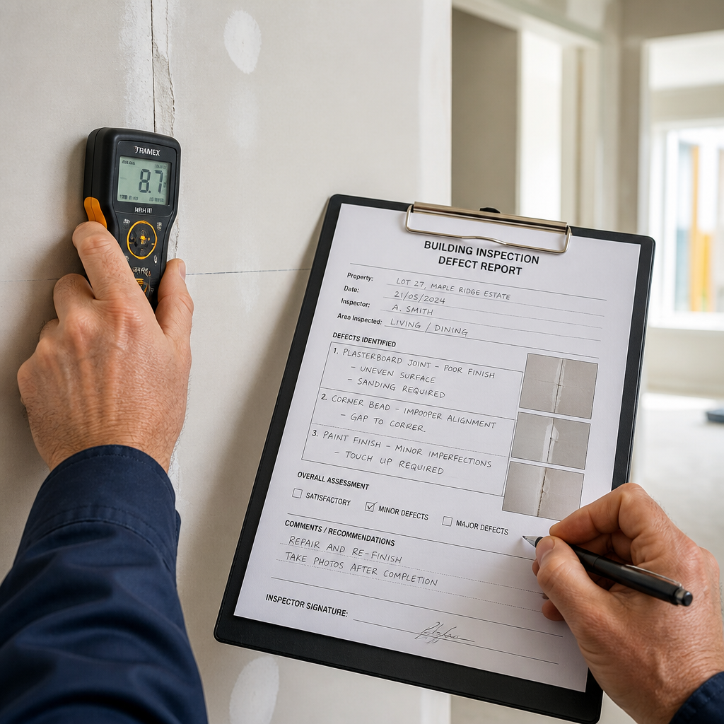 Inspector using tools to examine interior wall quality and document defects during pre-handover inspection